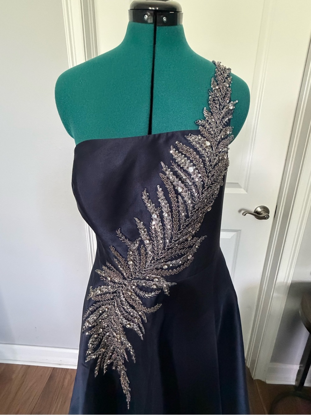Terani Couture Navy Blue One-Shoulder Prom Gown with Silver Embellishment - Picture 5 of 12